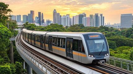 Obraz premium sleek sky train moves seamlessly through vibrant urban landscape, surrounded by lush greenery and modern skyscrapers. sunset casts warm glow, enhancing scenes beauty