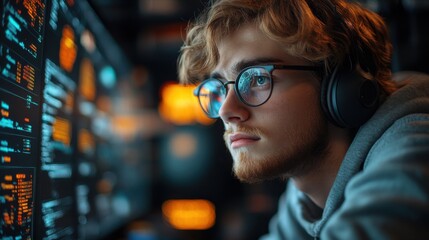 Young person focused on digital screens, immersed in technology.