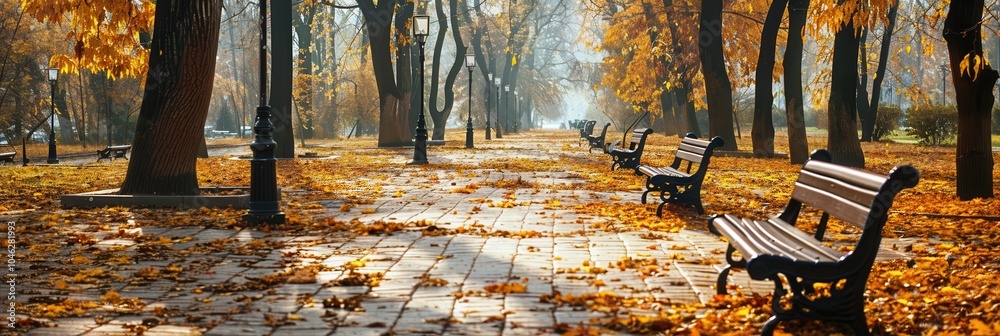 Poster an urban park pathway is covered in colorful fallen leaves, lined with benches inviting visitors to 