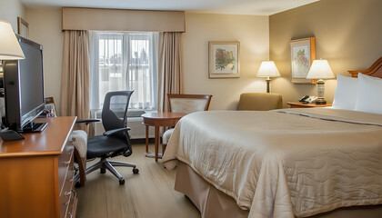 Cozy bedroom with a desk and large bed in soft lighting