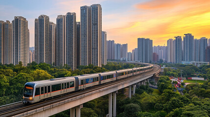 modern train travels through vibrant city skyline at sunset, surrounded by towering skyscrapers and lush greenery. scene captures essence of urban life and transportation