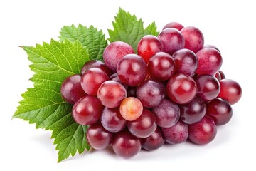 Fototapeta premium Luscious red grapes, accompanied by lush green leaves, set against a clean white backdrop, ideal for promoting healthy food and beverage options.