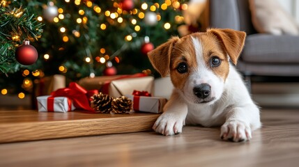Cute Puppy Under Christmas Tree With Presents