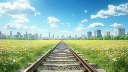 Fototapeta premium scenic view of railway tracks stretching into distance, surrounded by vibrant green fields and blooming flowers, with city skyline in background under bright blue sky
