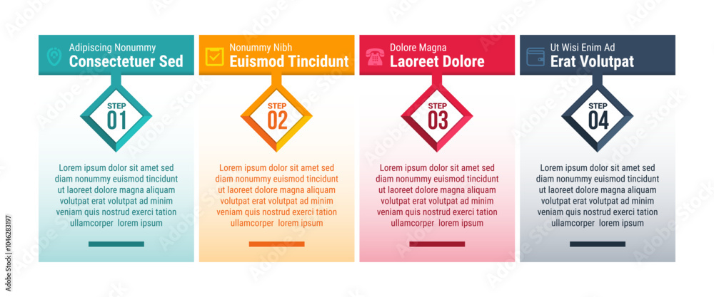 Poster four steps vector illustration of diagonal cube infographic design elements. transparent colors of v