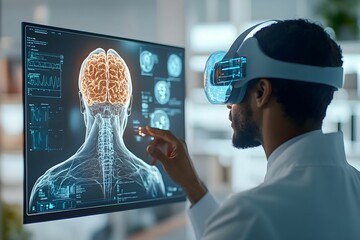 A doctor wearing a VR headset interacts with a holographic display of a brain and spinal cord, showcasing advanced technology in neuroscience.