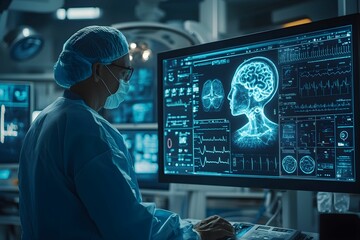 A medical professional analyzes digital brain imagery on a futuristic monitor in a high-tech lab setting.