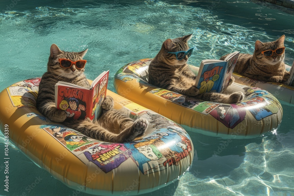 Poster two cats sitting on inflatable reading books in a pool