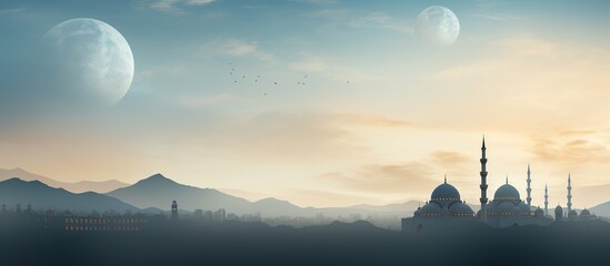 Mosque silhouette in night sky. Islamic background