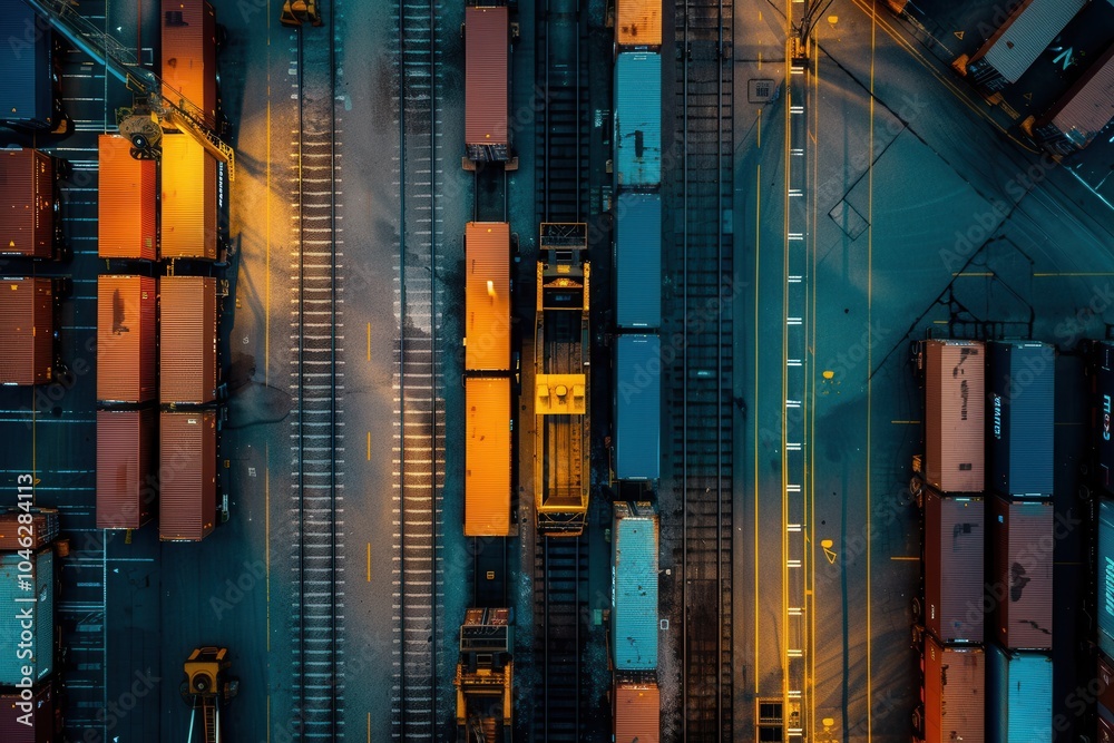 Fototapete Container loading operations take place as trucks deliver cargo to a train at a busy freight terminal in the evening. Generative AI