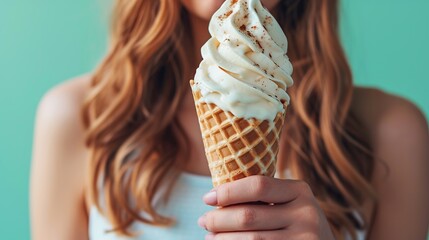 Close-up young woman eating ice cream