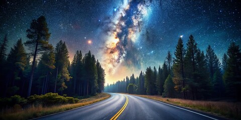 Fototapeta premium A Serene Winding Road Beneath a Starry Night Sky, Illuminating the Path With Its Celestial Glow