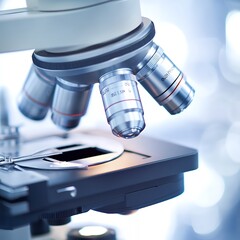 Close-up of a microscope lens with a slide in focus.