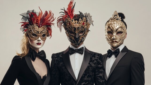 An elegant masquerade party where guests wear elaborate masks and formal attire on solid white background, single object
