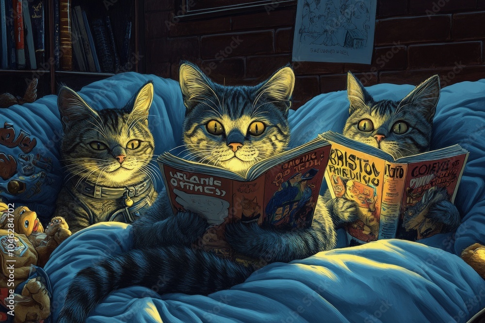 Wall mural a painting of three cats reading a book