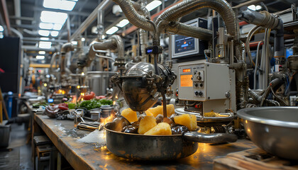 Busy industrial kitchen with chefs preparing food