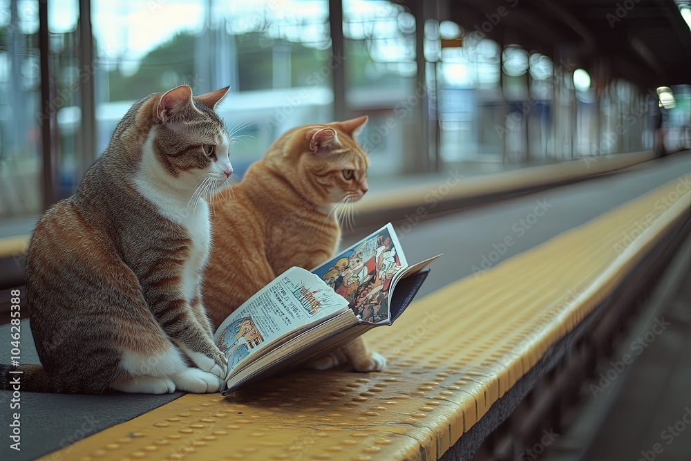 Poster a couple of cats sitting on top of a yellow bench