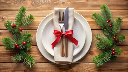 Festive Christmas table setting with a white plate, knife, and fork wrapped in a napkin, Christmas, table setting, dinner, holiday