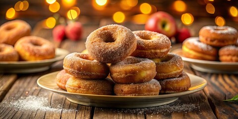A Tower of Sweet and Golden Doughnuts, Covered in a Delicate Layer of Powdered Sugar, with a Warm Glow of Lights Behind