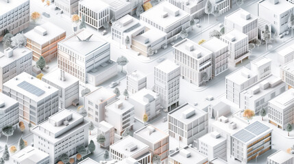 Top view of snow-covered city with geometric architecture and modern buildings