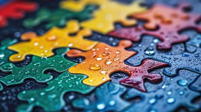 Colorful Puzzle Pieces with Water Droplets