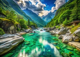 Fototapeta na wymiar Switzerland's Valle Verzasca: Double exposure unveils emerald river's breathtaking beauty.