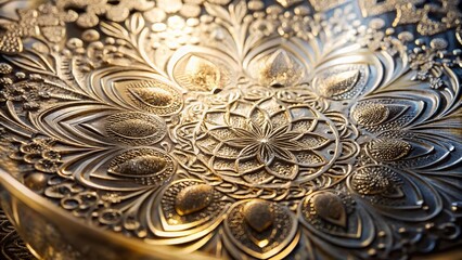Sparkling glass surface with intricate etchings and metallic inlays, etched glass, mirror texture