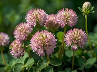 Close-up photo of clover flowers taken in the garden next to the house