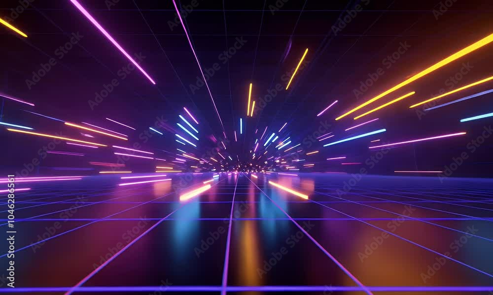Wall mural 3d render, abstract background with neon laser light rays on a dark, empty black space for a design 