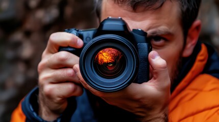 Obraz premium Photographer's Focus: A man's intense gaze through his camera lens, reflecting a fiery autumn scene, embodies passion and precision in photography.
