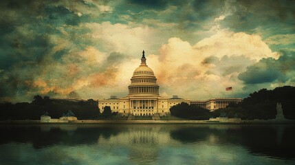 Obraz premium Capitol Dome Textured Image on Stormy Day with US Flag in Cloudy Sky