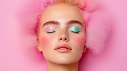 Fototapeta premium Pink Dream: Serene beauty submerged in a pastel pink cloud, showcasing ethereal makeup and a tranquil expression.