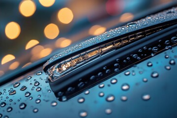 Car Wiper Blades. Close-up of Wipers on Windshield of Modern Vehicle with Raindrops