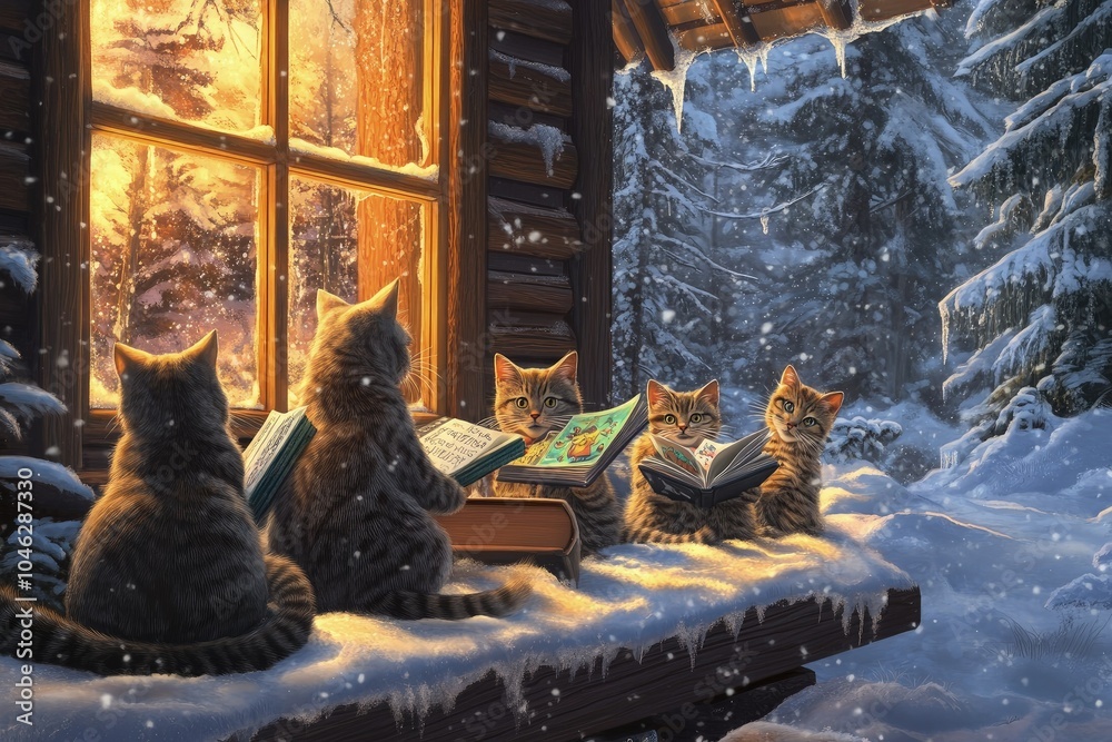 Canvas Prints a group of cats sitting on top of a snow covered bench