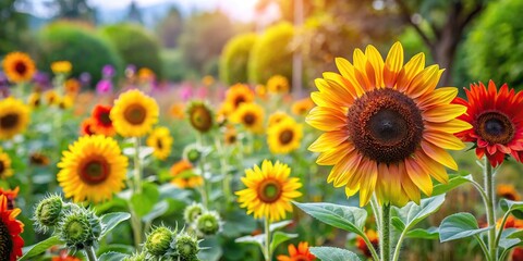 Sunflowers in a botanical garden with different species and colors, scientific, variety, diverse, garden