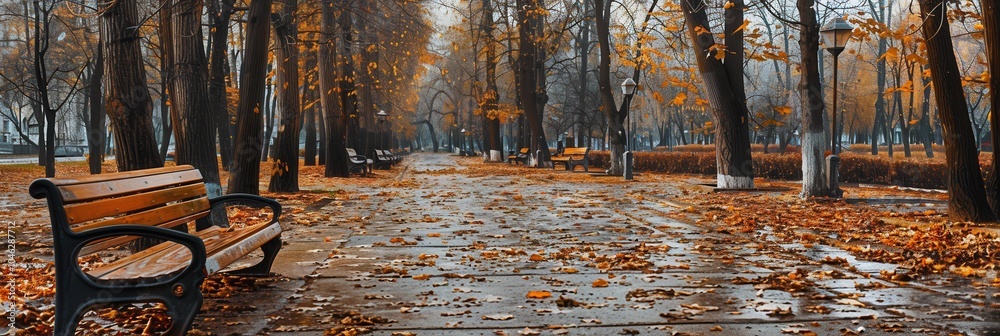 Leinwandbilder the tranquil park features pathways blanketed in fallen leaves, with empty benches offering a serene