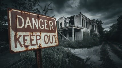 Fototapeta premium Abandoned house with warning sign in a moody atmosphere