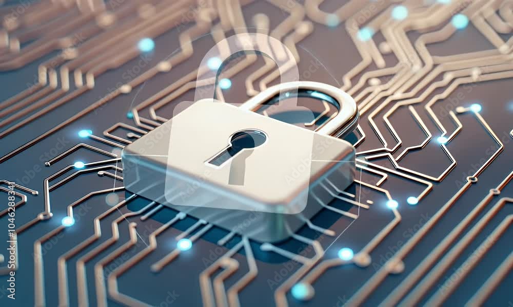 Poster 3D rendering of a white padlock icon on a circuit board background with copy space for concepts related to security technology and data protection.