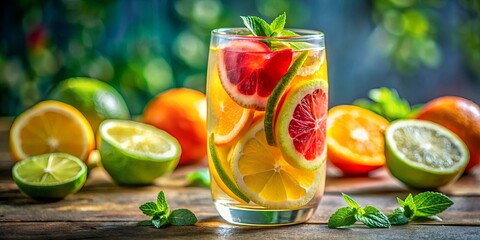 A refreshing summer beverage, a glass filled with citrus fruits, slices of lemon, lime, and oranges, garnished with fresh mint, on a rustic wooden table