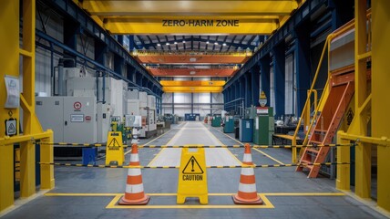 Industrial warehouse with yellow beams and caution signs.