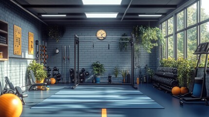 Modern gym interior with workout equipment and greenery.