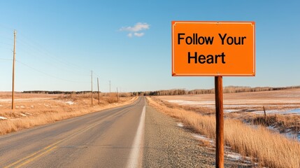 Follow Your Heart: A solitary road stretches ahead, beckoning adventure and self-discovery, with a bright orange sign proclaiming "Follow Your Heart" on a vast open landscape.