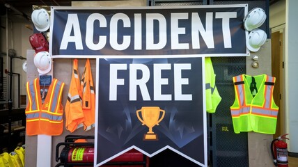 Safety sign promoting accident-free workplace with gear.