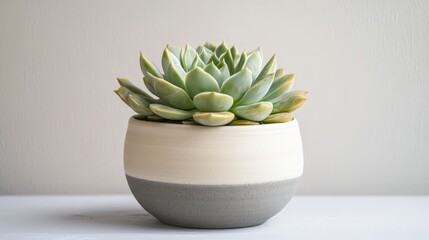 A decorative succulent in a modern two-tone pot, enhancing interior aesthetics.