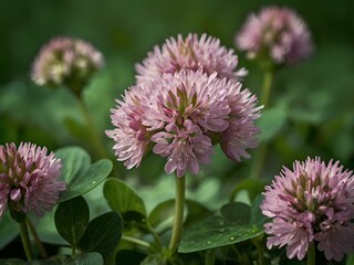 Close-up photo of clover flowers taken in the garden next to the house