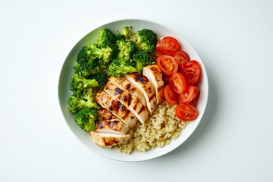 A healthy meal featuring grilled chicken, broccoli, cherry tomatoes, and quinoa.