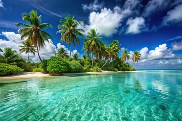 Fototapeta premium Tropical island landscape with palm trees and a clear turquoise lagoon, tropical, beach