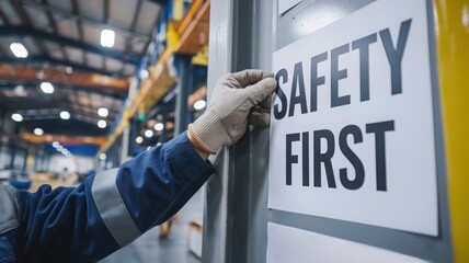 Hand placing safety sign in industrial workspace, focus on safety.