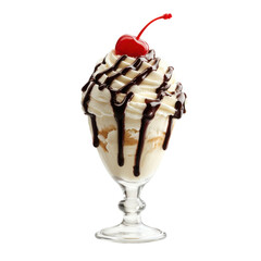 Decadent ice cream sundae with rich chocolate syrup, topped with whipped cream and a cherry, perfect for dessert lovers.