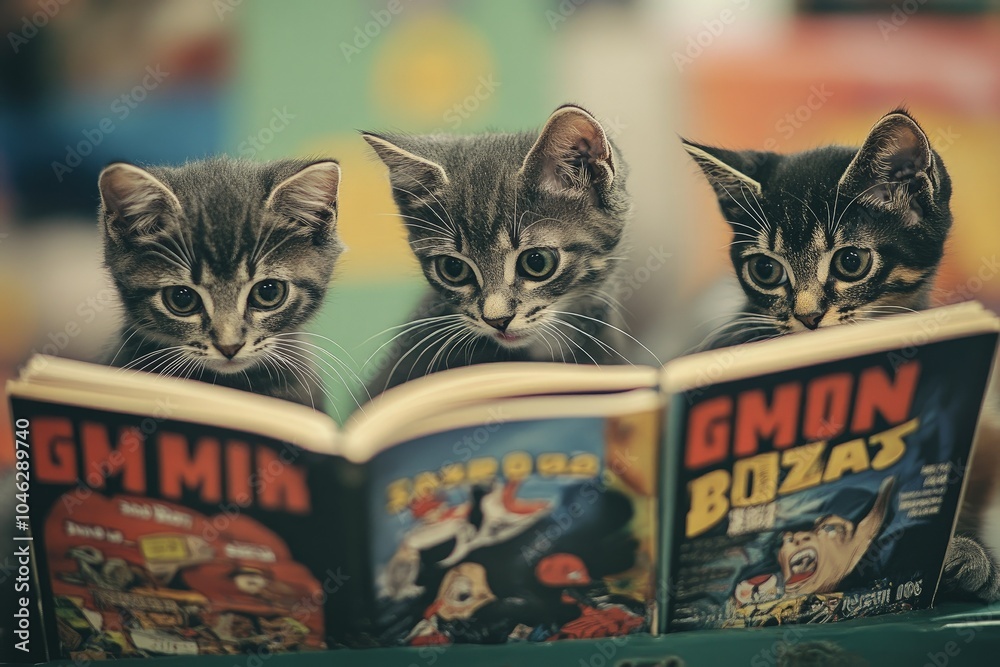 Poster a couple of kittens that are looking at a book